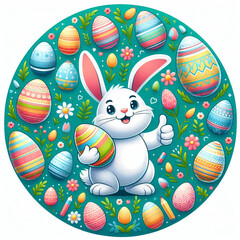 Illustration of easter bunny, pattern with Easter eggs. Cartoon style