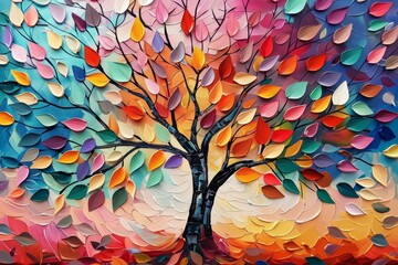 Obraz na płótnie Canvas Colorful tree with multicolor leaves illustration background. 3d abstraction wallpaper for interior mural wall art decor, Generative AI