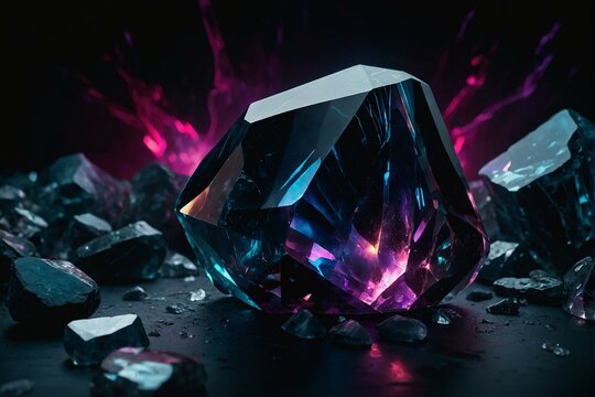 A captivating image showcasing a large blue gemstone with a glowing core surrounded by smaller crystals against a dark background