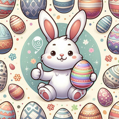 Illustration of easter bunny, pattern with Easter eggs. Cartoon style
