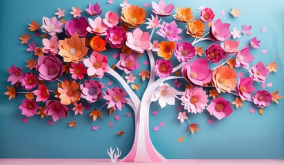 Artistic papercraft with a blossom tree with many flowers, Generative AI