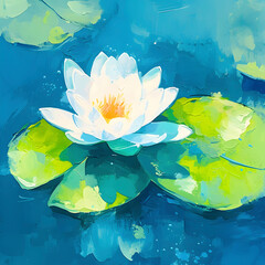 Lotus in water impressionism background texture painting. Oil paints, expressive strokes on canvas. Square painting in a frame, art work in the gallery. 