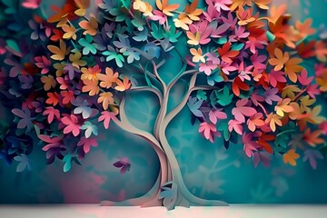 Colorful tree with leaves on hanging branches illustration background. 3d abstraction wallpaper for interior mural wall art decor. Floral tree with multicolor, Generative AI