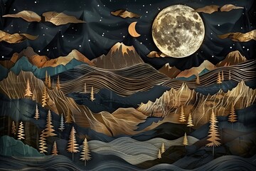 A modern mural wallpaper depicts a night landscape of colorful mountains, golden moon, trees, and waves on a dark black background. Generative AI