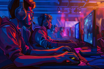 Illustration of focused gamers participating in an esports tournament, immersed in a vibrant gaming environment