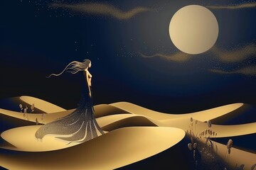 Sexy woman body silhouette standing on golden dunes. 3D modern art mural wallpaper with matte dark blue background. Dark landscape with stars and moon. Minimalistic style. Generative AI