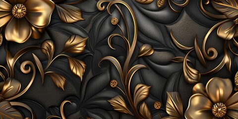 Golden Floral Background. Luxury Floral Damask with Flowers Golden and Black Elegant Leather Base illustration Background. 3d Wallpaper for Interior Mural Painting wall art Decor. Generative AI