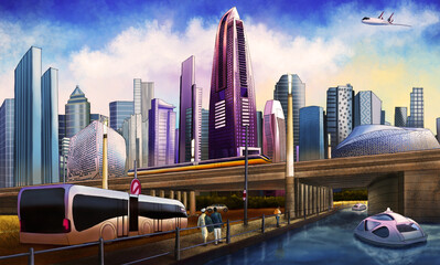 Naklejka premium Futuristic City Concept Digital water color style illustration
