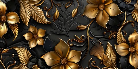 Golden Floral Background. Luxury Floral Damask with Flowers Golden and Black Elegant Leather Base illustration Background. 3d Wallpaper for Interior Mural Painting wall art Decor. Generative AI