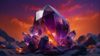 A striking portrayal of an oversized purple crystal under a glowing orange sky, suggesting an otherworldly landscape