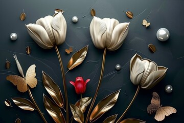 3D mural wallpaper with tulip flowers, golden butterfly, pearl on dark background. Perfect wall frame. Generative AI