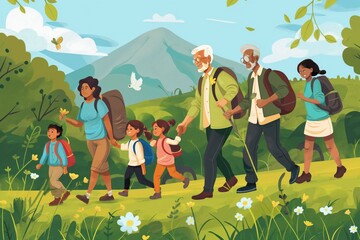 Multi-generational family enjoying a leisurely hiking adventure in the scenic nature. Bonding over a traditional outdoor activity. With grandparents. Grandchildren