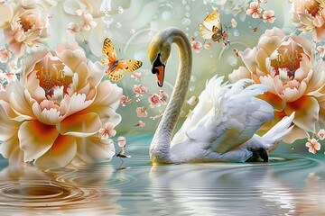 3D illustration realistic wallpaper murals flower and swan and butterfly, water background, Generative AI