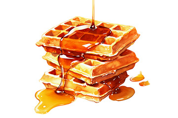 Delicious baked waffles with fresh honey on white background. Healthy and hearty breakfast. Watercolor illustration. Isolated