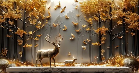 3d abstraction modern and creative interior mural wall art wallpaper with dark and golden forest trees, stag deer animal wildlife with birds, Generative AI