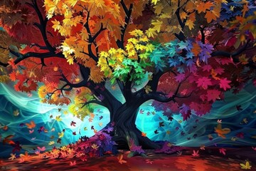 3d abstraction wallpaper for interior mural wall art decor, a tree surrounded by many colorful leaves, Generative AI