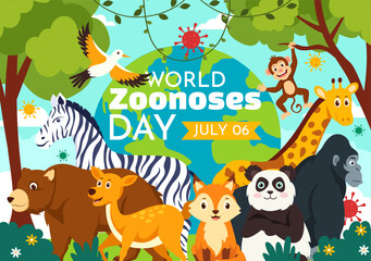 Obraz na płótnie Canvas World Zoonoses Day Vector Illustration on 6 July with Various Animals and Plant which is in the Forest to Protect in Flat Cartoon Background Design