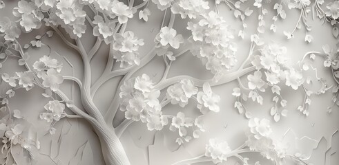 3D wallpaper with white floral tree pattern for living room or bedroom decoration. Generative AI
