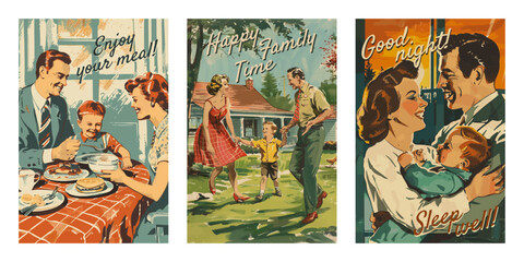 Set of hand drawn family vintage backgrounds. Retro design elements for poster, flyer, cards and web.