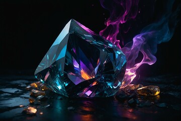 A high-quality image showcasing a stunning crystal amidst captivating smoke, highlighting facets and colors