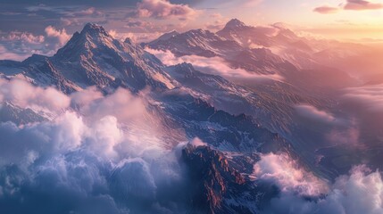 A breathtaking vista of snow-capped peaks piercing the clouds, with rugged cliffs and alpine meadows below, bathed in the soft light of dawn breaking over the horizon. - obrazy, fototapety, plakaty