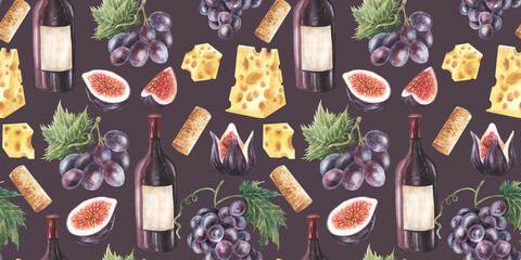 Watercolor bottles and glasses of red wine decorated with cheese, blue grapes, figs, black olives, star anise and cork. Hand painted seamless pattern - obrazy, fototapety, plakaty