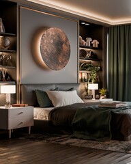 A bedroom with a wood bed, nightstands, lamps, and moon wall decor