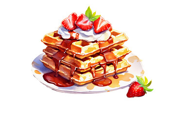 Delicious waffles with whipped cream, honey and strawberries on plate on white background. Healthy and hearty breakfast. Watercolor illustration. Isolated