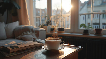 Cup of coffee on students table in living room - obrazy, fototapety, plakaty