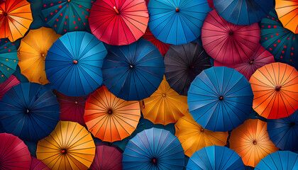 Backround filled with umbrellas, each one uniquely colored, ith a wide range of hues including red, blue, yellow, green, orange, and purple
