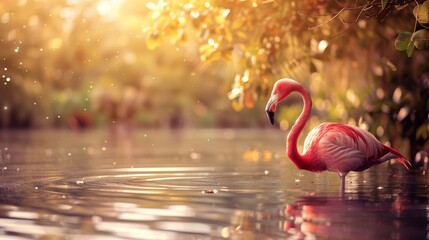 Flamingo Stand in The Water With Beautiful background Nature 4K Wallpaper - obrazy, fototapety, plakaty
