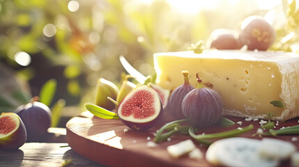 Cheese and figs on wooden table, olive branch. Sunlight in an olive orchard. Food and nature. Europe and Mediterranean cuisine. 