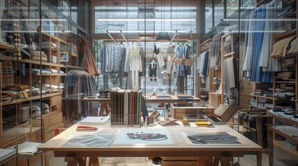 A soft haze of blurred surroundings frames the scene of a bustling fashion atelier where the designers workshop is adorned with cascading bolts of fabric and intricately drawn sketches .