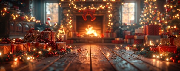 A cozy Christmas scene with a warm fireplace and festive decorations