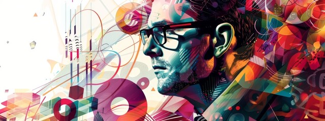 Colorful abstract portrait of a man with dynamic elements and modern vibes