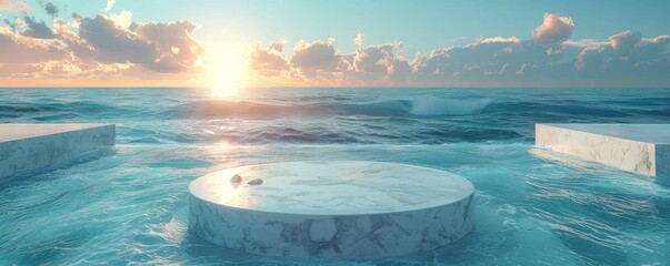 Luxurious marble infinity pool at sunset with serene ocean views and gentle waves