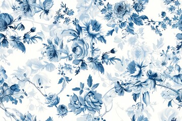 Elegant blue floral pattern on a white background, suitable for wallpaper and textile design.. Vintage French Blue Floral digital paper, white background, seamless Pattern