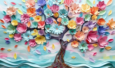 bright colorful pastel paper tree sculpture wall painting mural, Generative AI