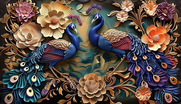 Elegant leather base combines bright color floral with exotic oriental pattern flowers and peacocks illustration background. 3d abstraction wallpaper for interior mural wall art, Generative AI
