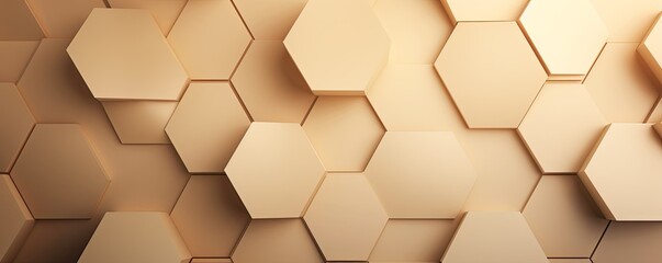 Beige background with hexagon pattern, 3D rendering illustration. Abstract beige wallpaper design for banner, poster or cover with copy space for photo text or product, blank empty copyspace. 