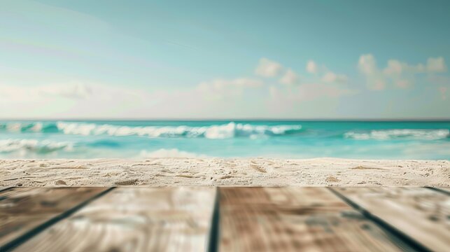 A blurred and serene sea background on the horizon of a tropical sandy beach, offering a relaxing vacation vibe with a view that extends from a resort deck to the sunny sky, surf, and light blue waves