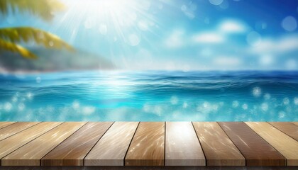 Wooden Table Top on Blue Summer Sparkling Sea: Dive into Summer