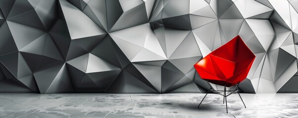 Striking red chair against a geometric black and white background