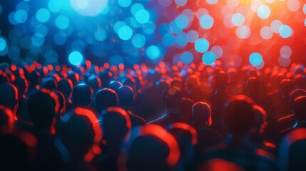Blurred audience with bokeh lights, resembling a lively concert or event atmosphere. - obrazy, fototapety, plakaty