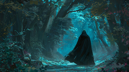 Dark cloak in mysterious forest - obrazy, fototapety, plakaty