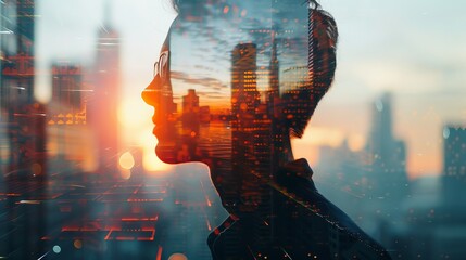Dramatic double exposure of a corporate leader's silhouette against a backdrop of skyscrapers, highlighting their role in shaping the city's future