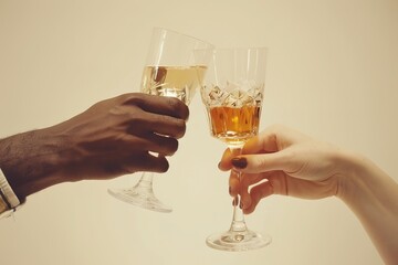 Two hands toasting with elegant glasses.