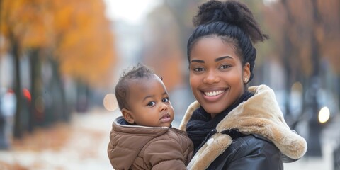 Smiling young mother holding her toddler in a vibrant autumn setting.
