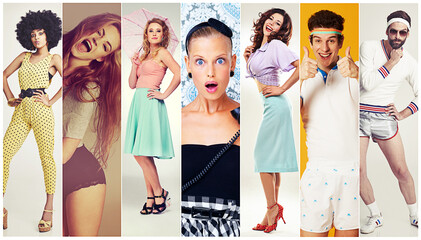 Collage of stylish and diverse people with trendy, cool and vintage clothing in studio. Happy and...