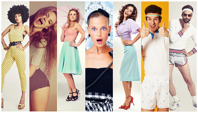 Collage of stylish and diverse people with trendy, cool and vintage clothing in studio. Happy and excited group with retro, elegant and aesthetic fashion for creative designer or tailor on montage